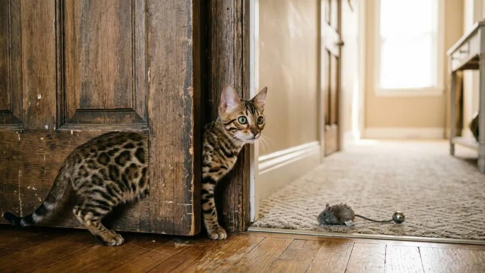 A rosetted Bengal kitten peeking around an open wooden door in a sunlit home hallway