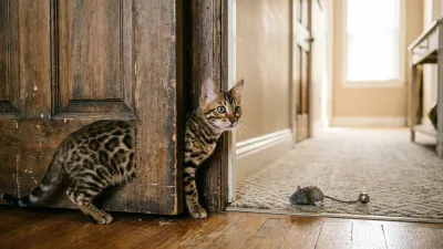A rosetted Bengal kitten peeking around an open wooden door in a sunlit home hallway