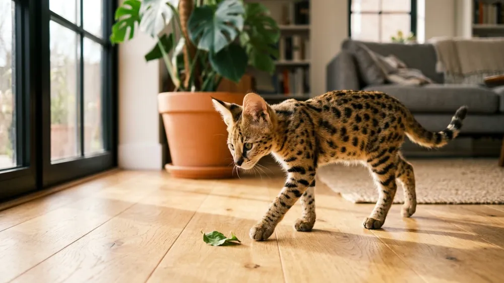 A spotted Savannah kitten walking curiously across a sunny living room floor
