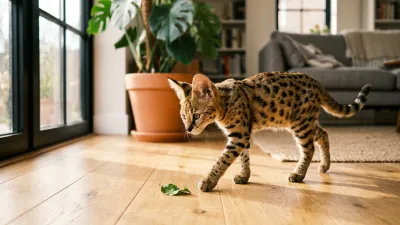 A spotted Savannah kitten walking curiously across a sunny living room floor