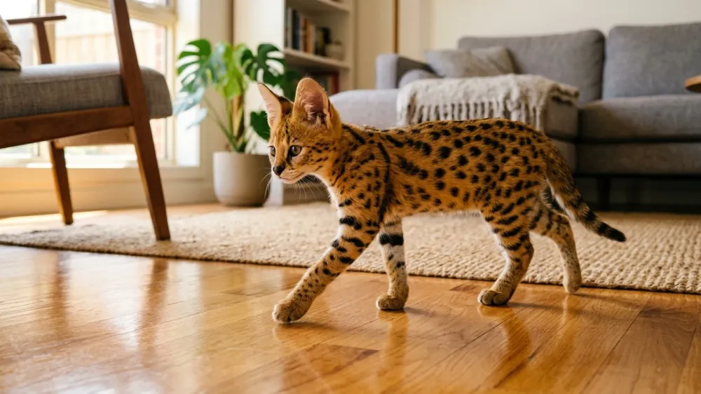 An exotic spotted Savannah kitten stepping curiously along a polished hardwood floor in a sunlit living room.
