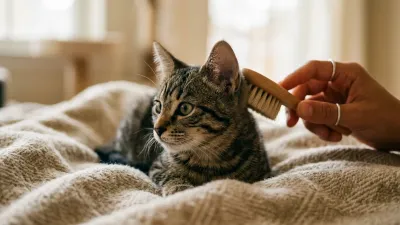 A close-up of a person gently grooming a small short-haired tabby kitten with a soft bristle brush.