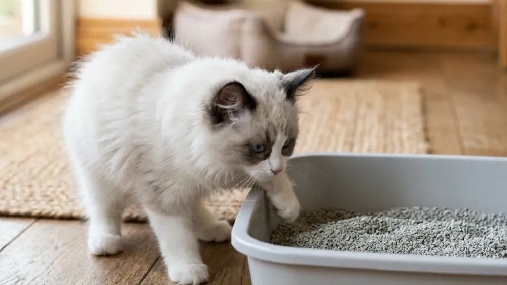 A fluffy young kitten exploring a clean, low-sided litter box