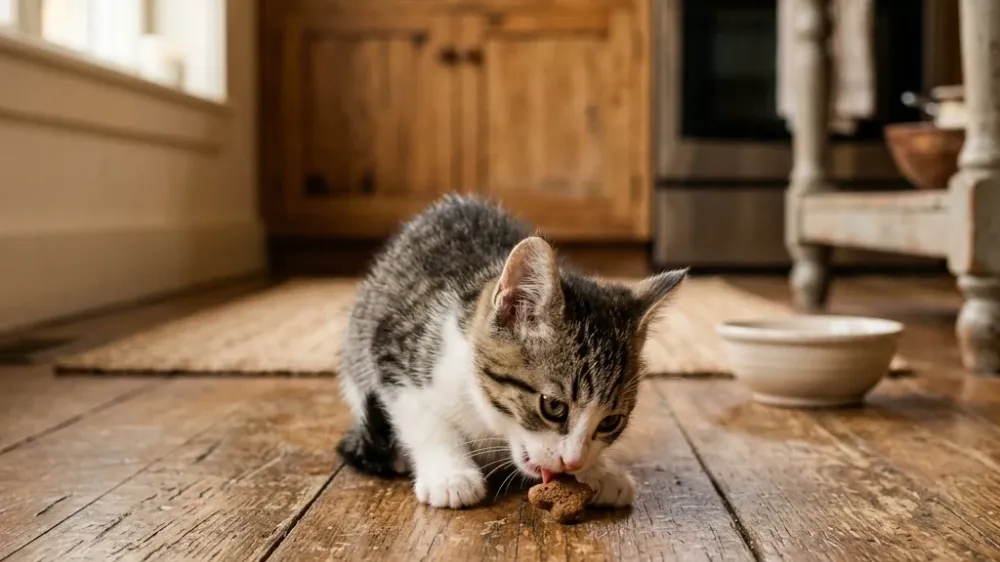 A cute, realistic small kitten actively eating a small treat on a kitchen floor.
