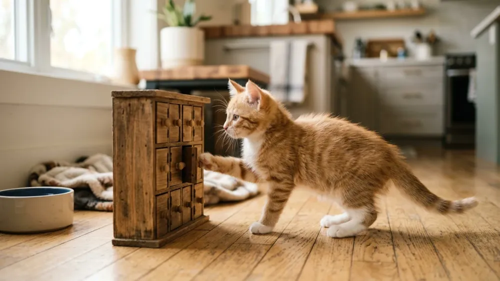 A curious ginger kitten playing near a holiday treat countdown box