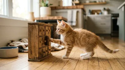 A curious ginger kitten playing near a holiday treat countdown box