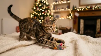 An energetic tabby kitten playfully batting a holiday plush toy on a wool blanket