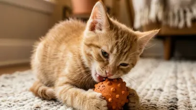A cute, realistic small kitten actively chewing on a safe, textured rubber teething toy on a living room rug.