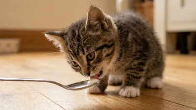A cute, realistic small kitten tasting a tiny dab of plain Greek yogurt from a metal spoon on a clean kitchen floor.