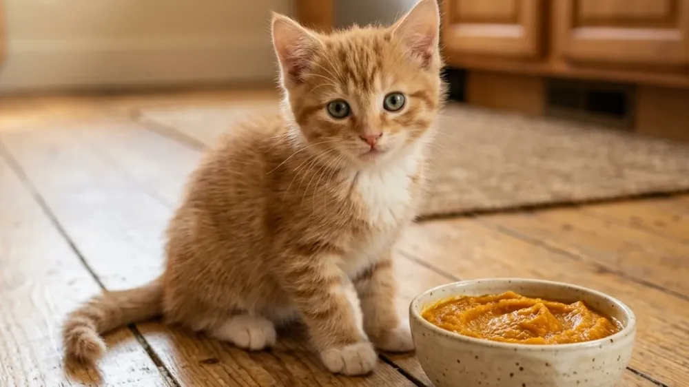 A cute, realistic small kitten sitting near a small bowl of pureed pumpkin on a clean kitchen floor.