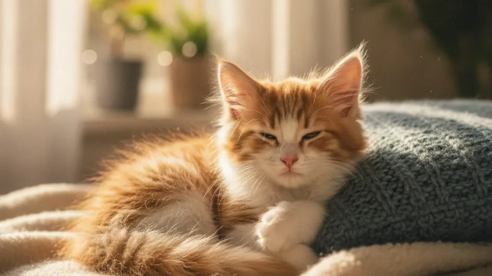 A curious young kitten sniffing near a clean pet food dish.