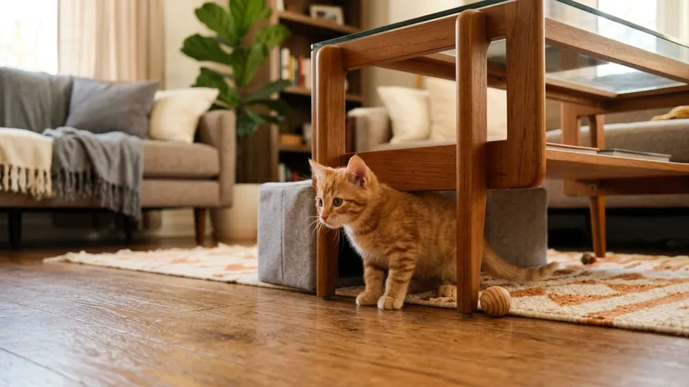 A playful orange Tabby kitten exploring safely in a tidy, pet-proofed living room.