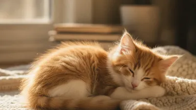 A small orphan kitten sleeping comfortably on a covered warm heating pad in a nesting box.