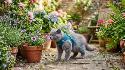 A British Shorthair kitten wearing a small teal harness exploring a sunny garden patio.