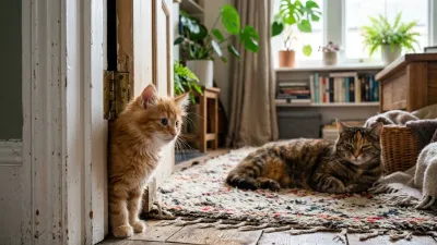Fluffy ginger kitten looking around a doorway towards a calm senior tabby cat across the room