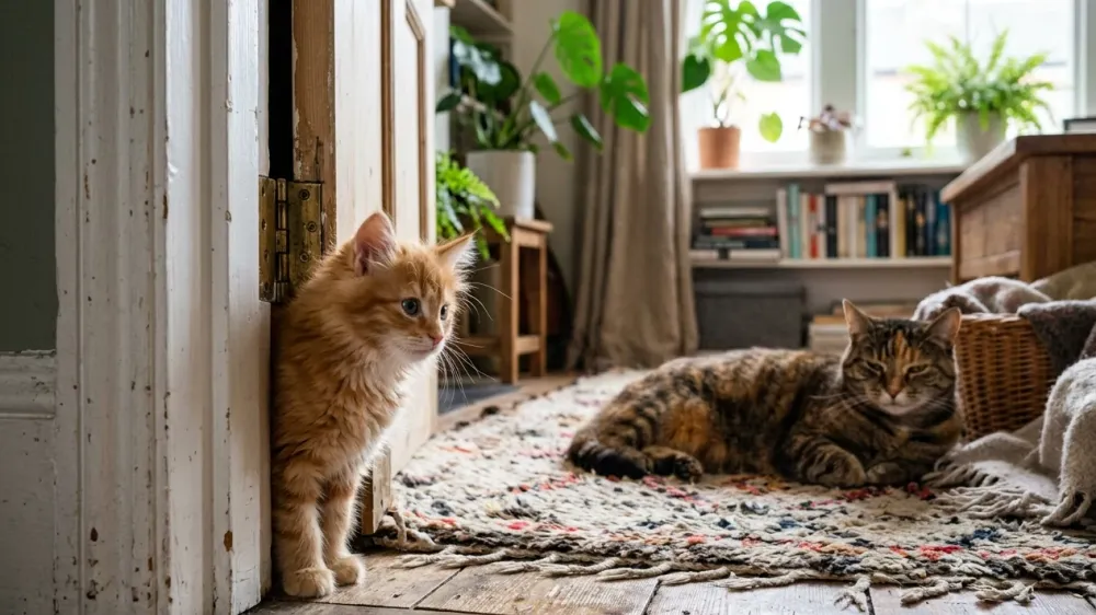 Fluffy ginger kitten looking around a doorway towards a calm senior tabby cat across the room