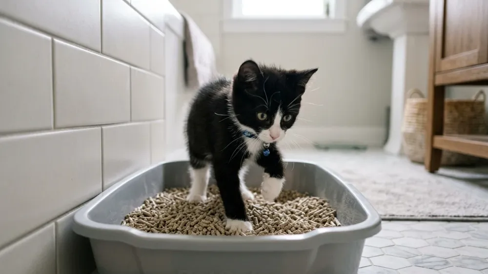 Tuxedo kitten stepping into a low-sided kitten litter box in a modern bathroom