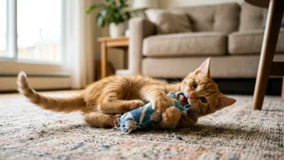 An energetic orange tabby kitten playfully kicking and wrestling with a plush kicker toy on a living room rug.