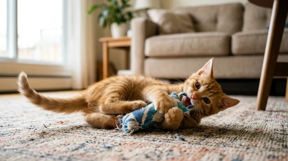An energetic orange tabby kitten playfully kicking and wrestling with a plush kicker toy on a living room rug.