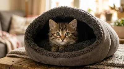 A sweet fluffy brown tabby kitten peering curiously from a cozy fleece cave bed.