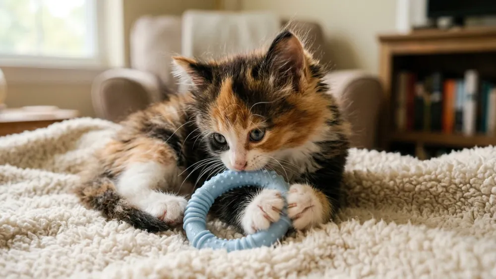 A fluffy calico kitten gently chewing on a textured silicone teething ring on a cozy fleece blanket