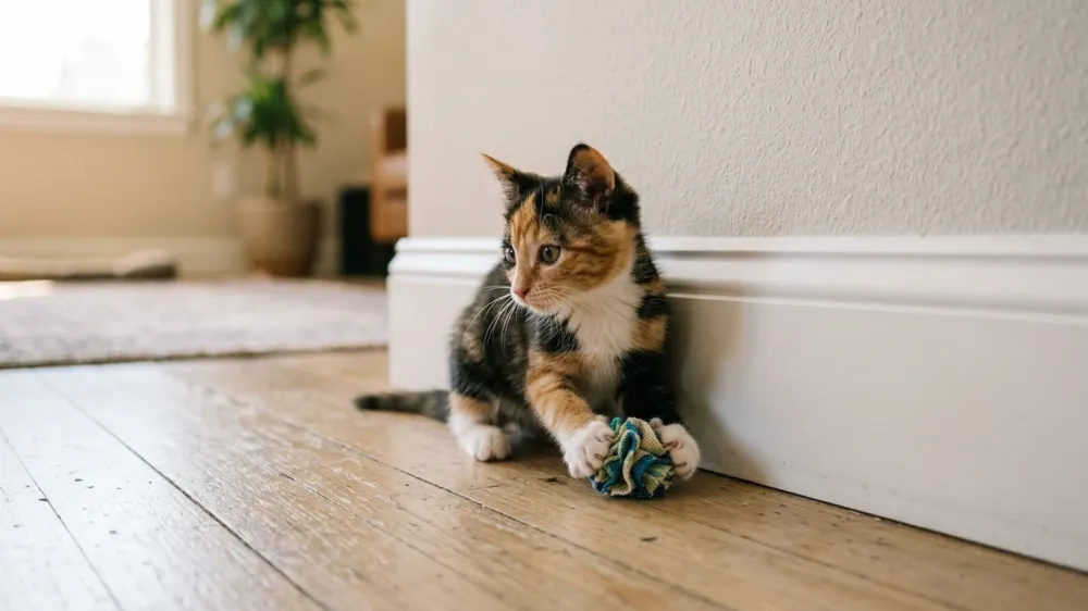 Curious calico kitten playing with a safe chew toy beside neatly organized baseboards and covered cords