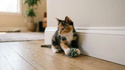 Curious calico kitten playing with a safe chew toy beside neatly organized baseboards and covered cords