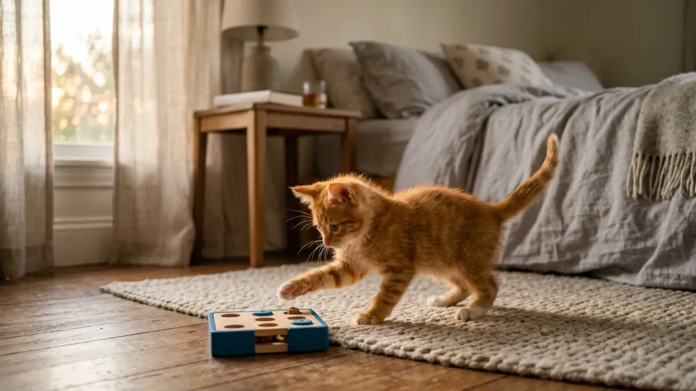 An energetic ginger kitten batting playfully at an interactive puzzle feeder in early morning sunrise light.