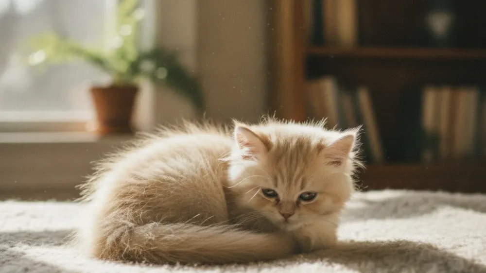 A caregiver gently checking a calm kitten's health on an examination table.