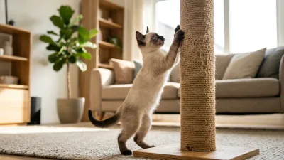 A Siamese kitten stretching upright and happily scratching a sisal post in a bright room.