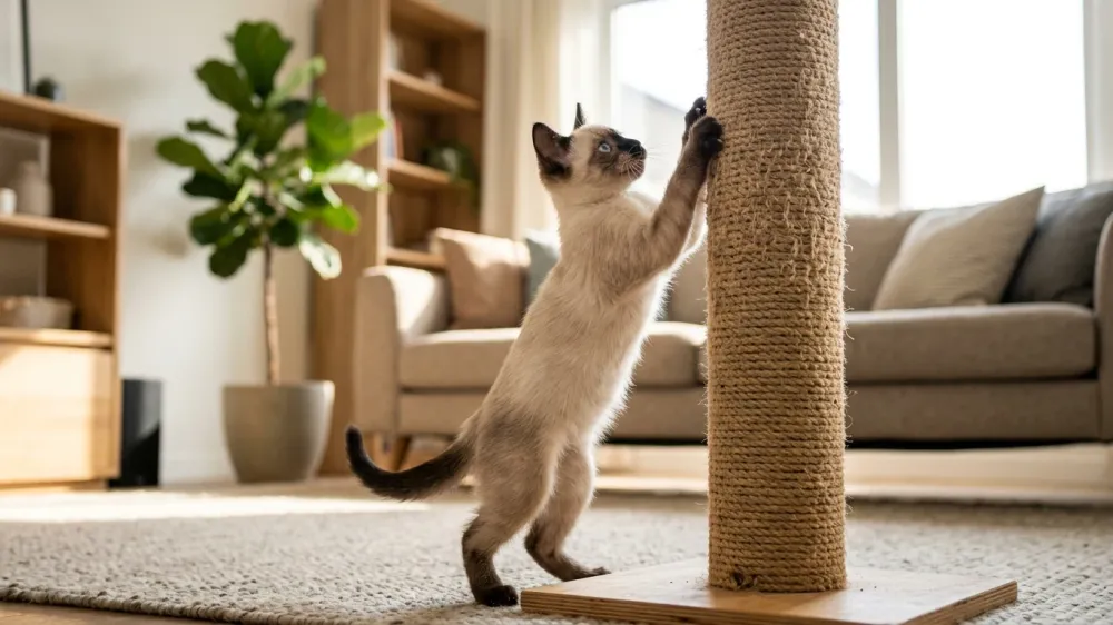 A Siamese kitten stretching upright and happily scratching a sisal post in a bright room.