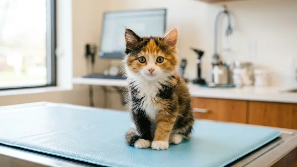 Sweet calico kitten sitting alert and curious on a clean clinic examination mat