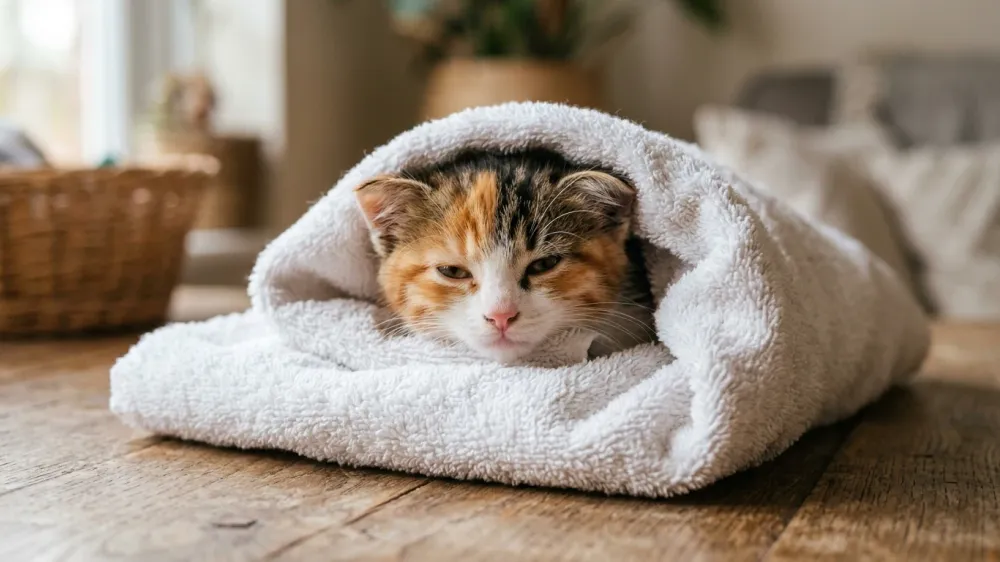 A clean, fluffy Calico kitten wrapped cozily in a soft white towel after a gentle bath.