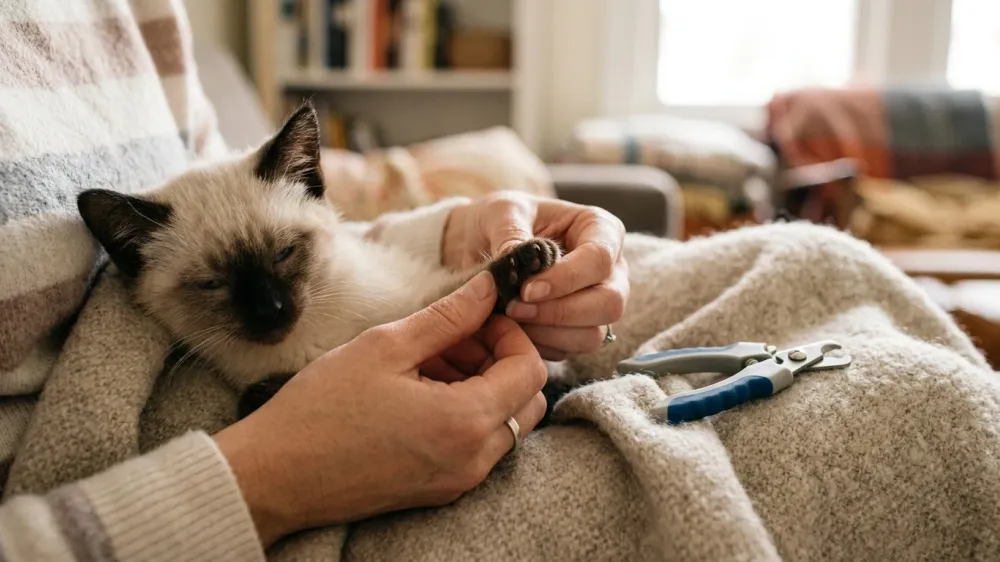 Gentle hands holding a relaxed Siamese kitten's paw during a calm nail trimming session.