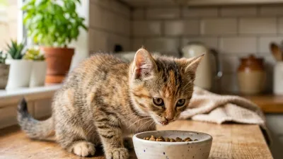 A fluffy kitten playfully eating from a small ceramic bowl in a modern kitchen