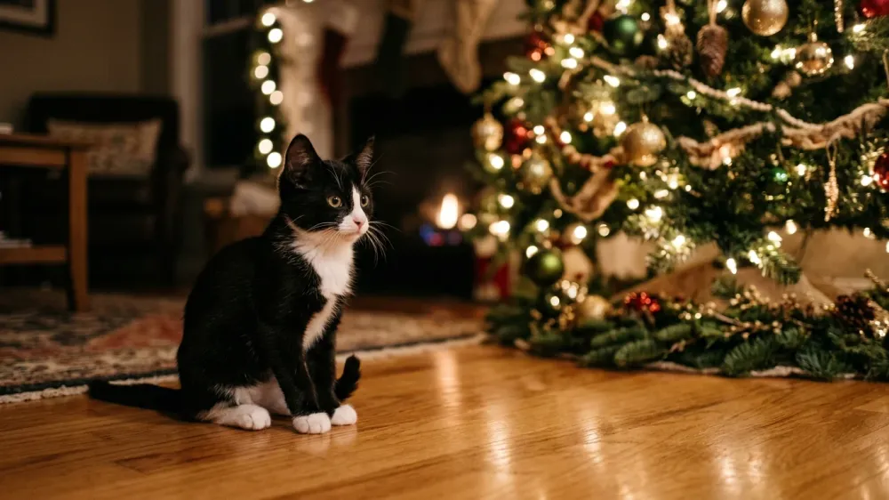 An inquisitive tuxedo kitten looking cautiously toward a softly lit holiday Christmas tree