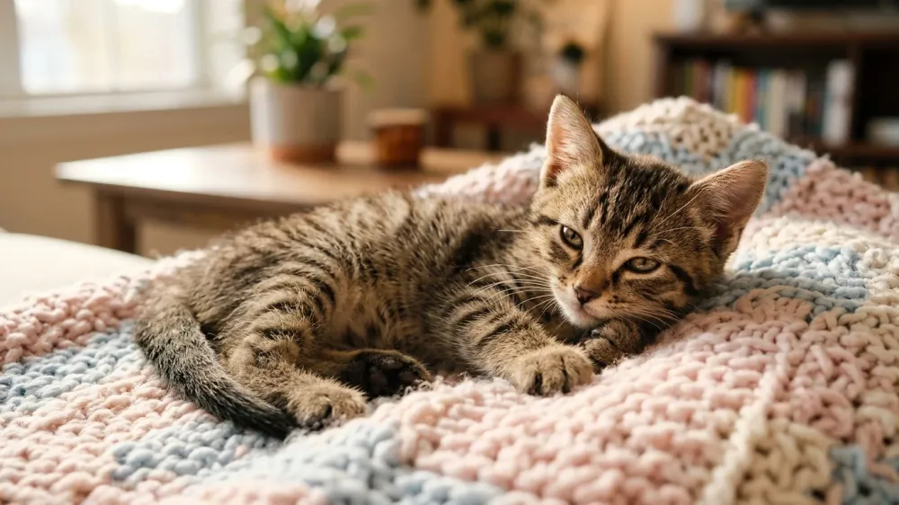Close-up of a young tabby kitten resting comfortably on a soft knitted blanket in warm natural sunlight