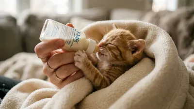 A tiny newborn ginger kitten eagerly drinking milk replacer from a small nursing bottle wrapped in a soft blanket.