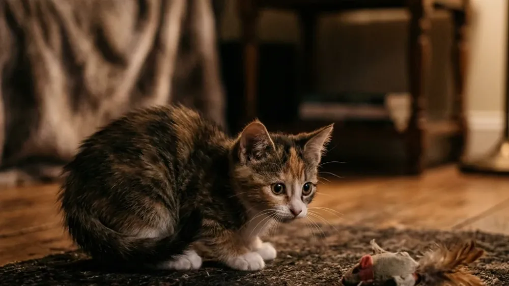A young kitten in a dimly lit room, crouched low and ready to pounce on a toy.