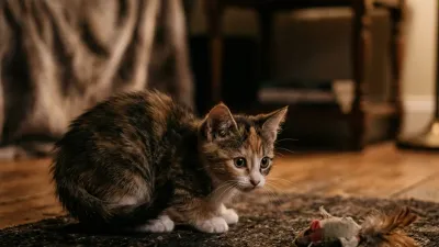 A young kitten in a dimly lit room, crouched low and ready to pounce on a toy.