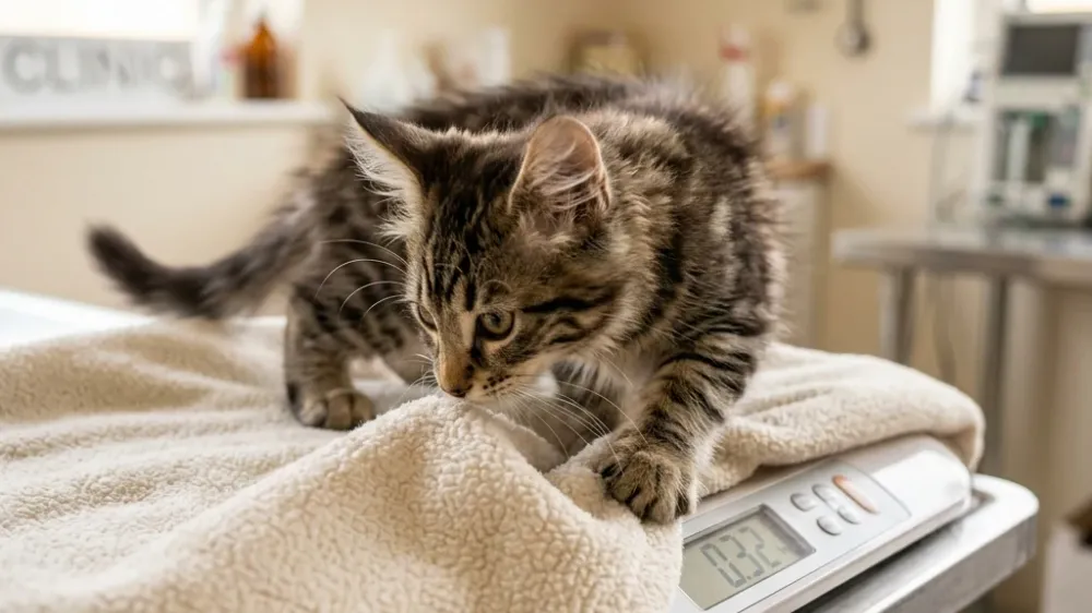 A curious kitten cautiously sniffing a veterinary scale in a bright clinic setting
