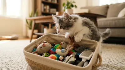 A sweet fluffy kitten inspecting a fabric basket filled with kitten toys and care essentials