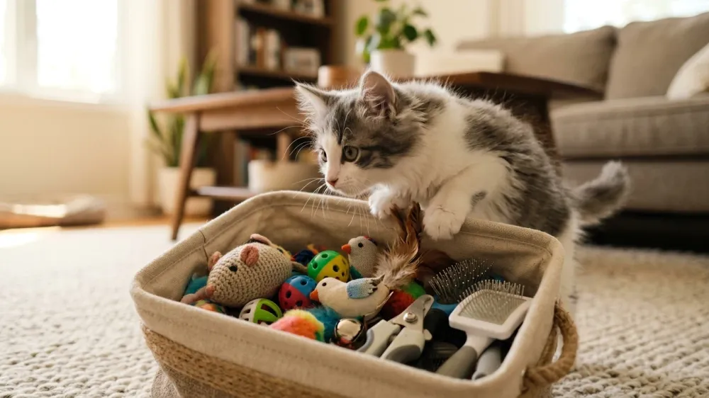 A sweet fluffy kitten inspecting a fabric basket filled with kitten toys and care essentials