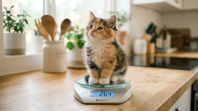 An adorable fluffy calico kitten gently sitting on a modern digital kitchen scale for a weight check.
