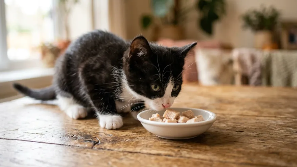A young tuxedo kitten curiously sniffing near a small dish of plain cooked chicken on a wooden table.