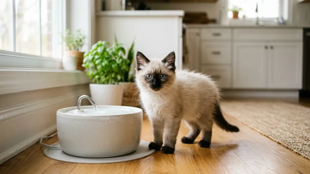 An alert Siamese kitten standing near a ceramic pet water fountain in a sunlit kitchen.