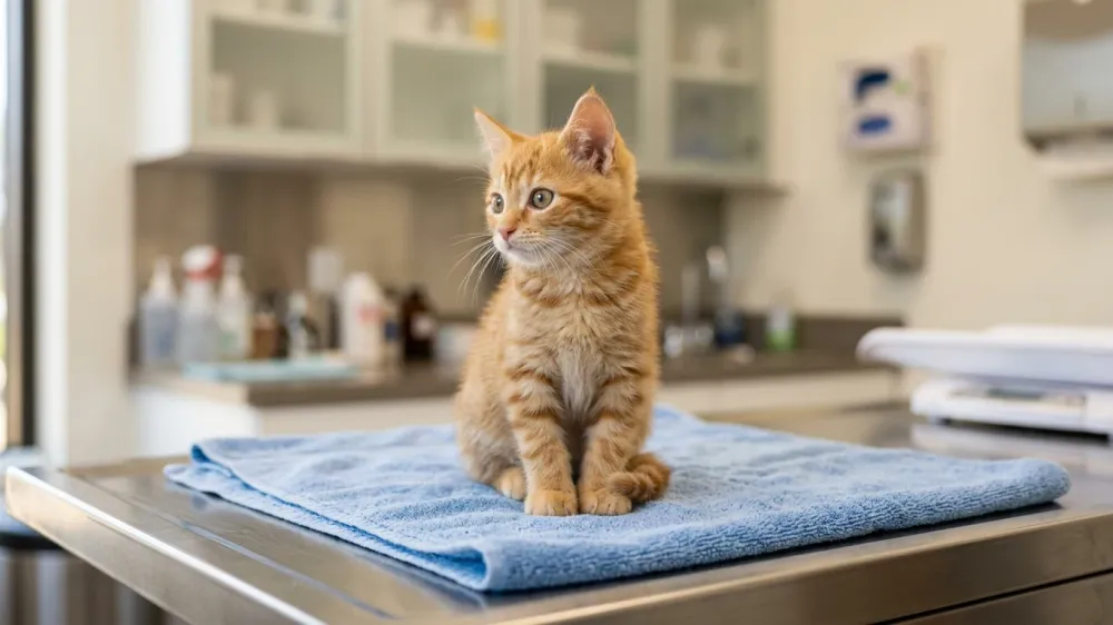 Young ginger kitten sitting calmly on a clean blue towel on an examination table in a veterinary clinic