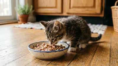 A cute realistic small kitten eating from a ceramic bowl containing a mix of wet and dry food on a kitchen floor