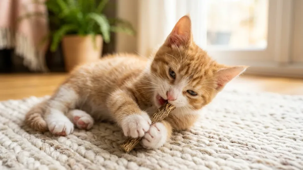 Ginger and white kitten happily chewing on a small catnip chew stick toy on a cozy rug