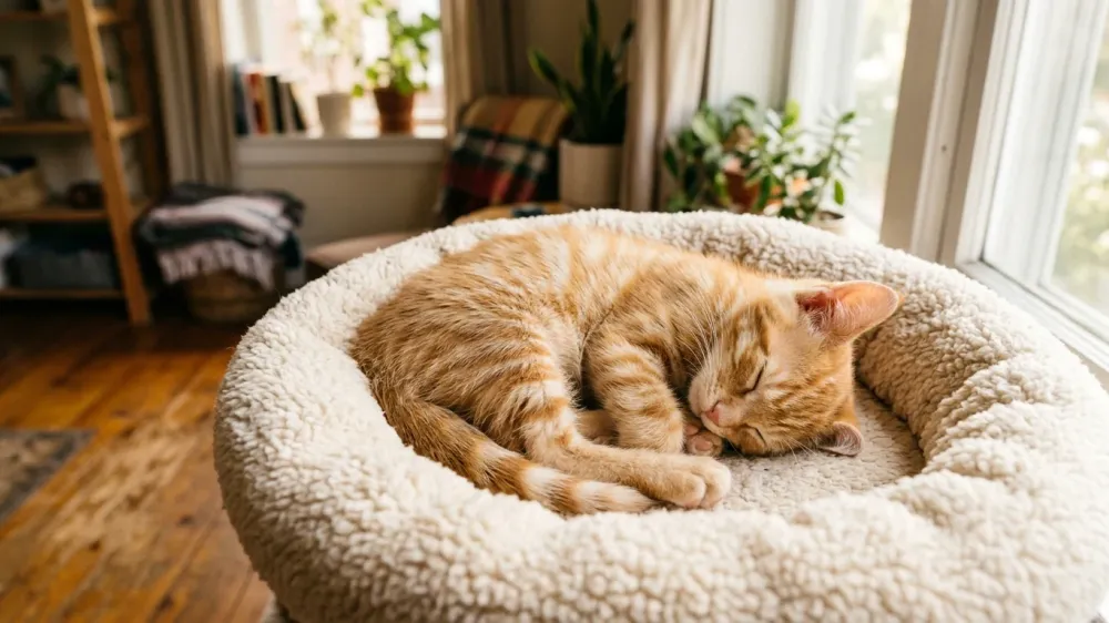 A healthy ginger tabby kitten resting peacefully curled up in a plush fleece bed in warm sunlight.